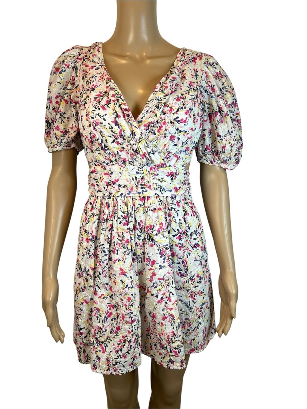 French Connection White Floral Wrap Mini Dress with Pink Accents